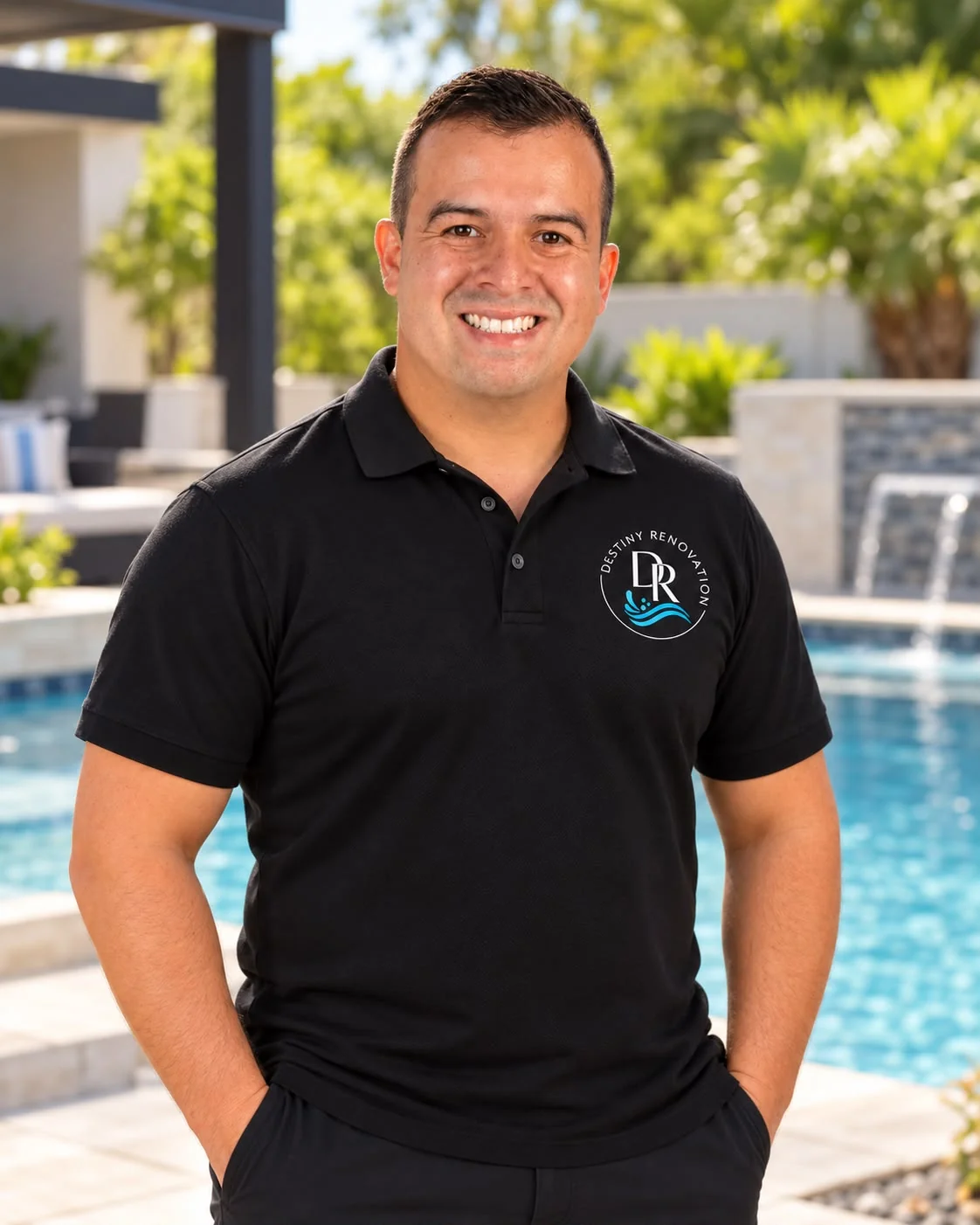 Paulo Renan Marinho, owner of Destiny Renovation, in a Destiny polo beside a finished pool